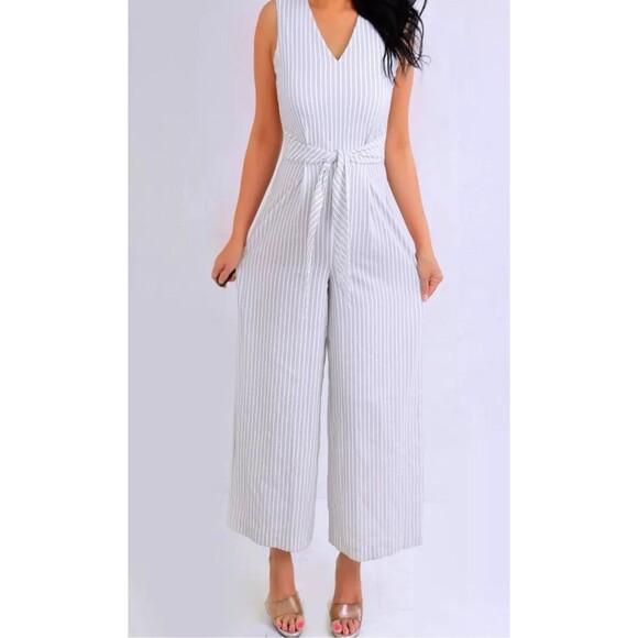 CALVIN KLEIN White Black Pinstriped Women's Wide Leg Romper Jumpsuit Size 14 EUC - Picture 2 of 13